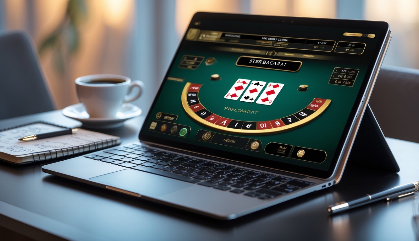 Seorang pemain sedang menggunakan laptop dengan tampilan permainan Speed Baccarat online di meja kerja yang rapi dengan catatan dan kopi.