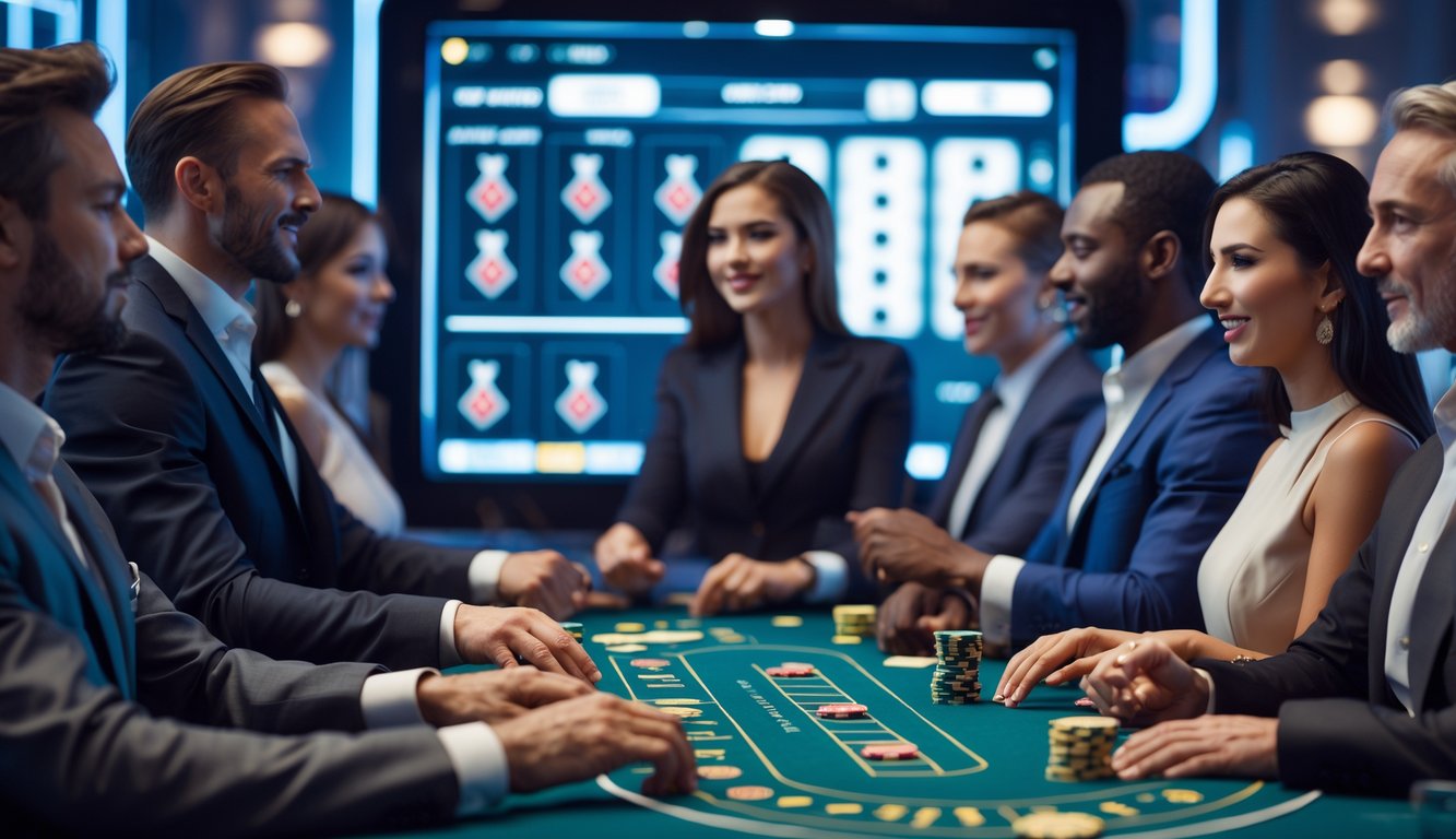 Beberapa orang dewasa bermain permainan Speed Baccarat online dengan layar komputer yang menampilkan kartu dan chip kasino.