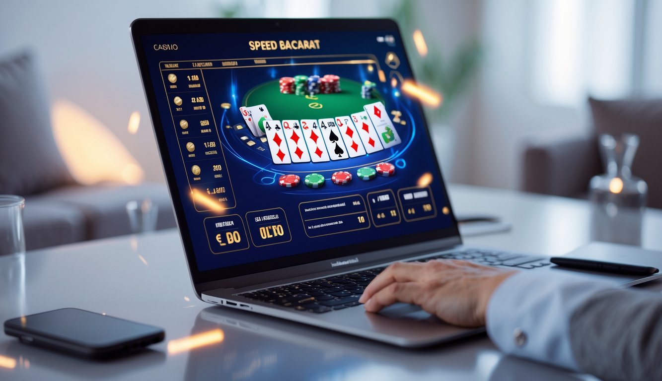 Tampilan komputer dengan permainan Speed Baccarat online yang cepat dan modern di layar, di lingkungan rumah atau kantor yang nyaman.