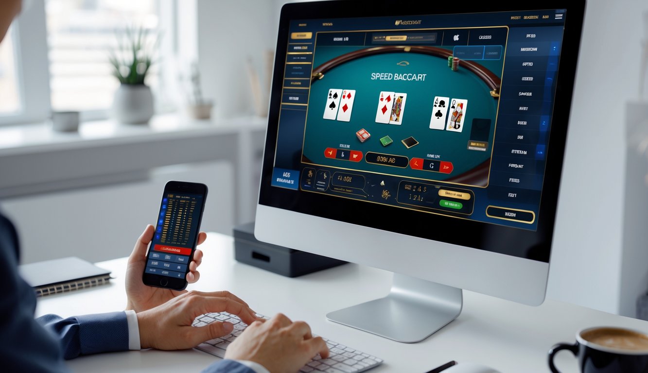 Seseorang menggunakan komputer dan smartphone untuk bermain dan mempelajari strategi taruhan speed baccarat online di meja kerja yang rapi.