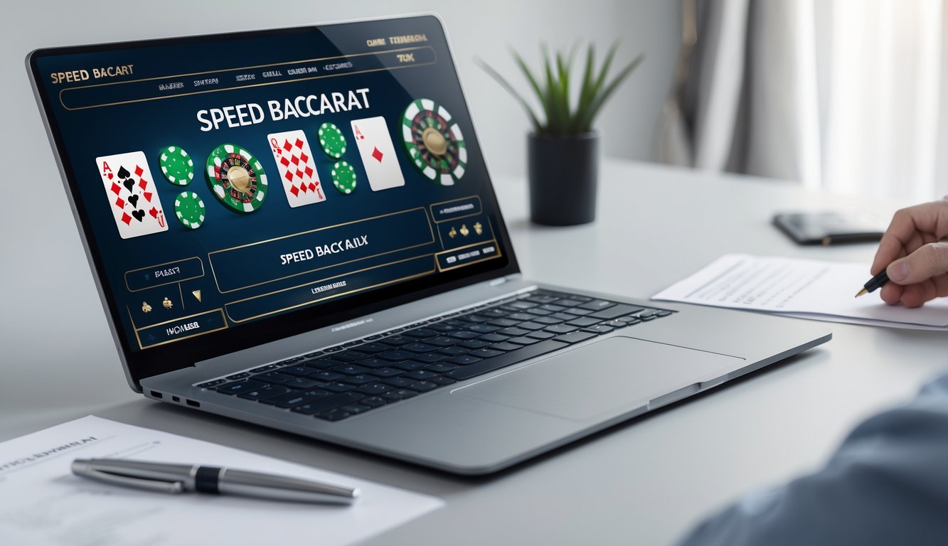 Seorang profesional sedang belajar bermain Speed Baccarat online dengan laptop yang menampilkan permainan dan chip taruhan di meja kerja yang rapi.