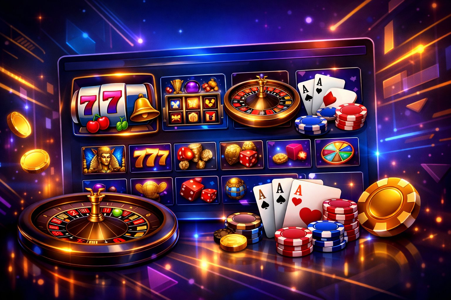A Digital Interface Displaying A Variety Of Casino Games Including Slot Machines, Roulette, Poker Cards, And Dice With Vibrant Colors And Abstract Background Shapes.