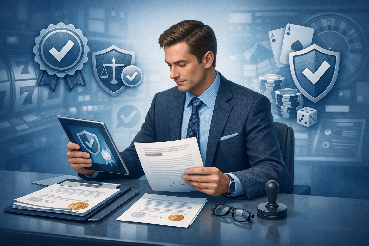 A Business Professional Reviewing Documents And Digital Certificates With Casino Game Elements Subtly Visible In The Background, Symbolizing Licensing And Compliance.