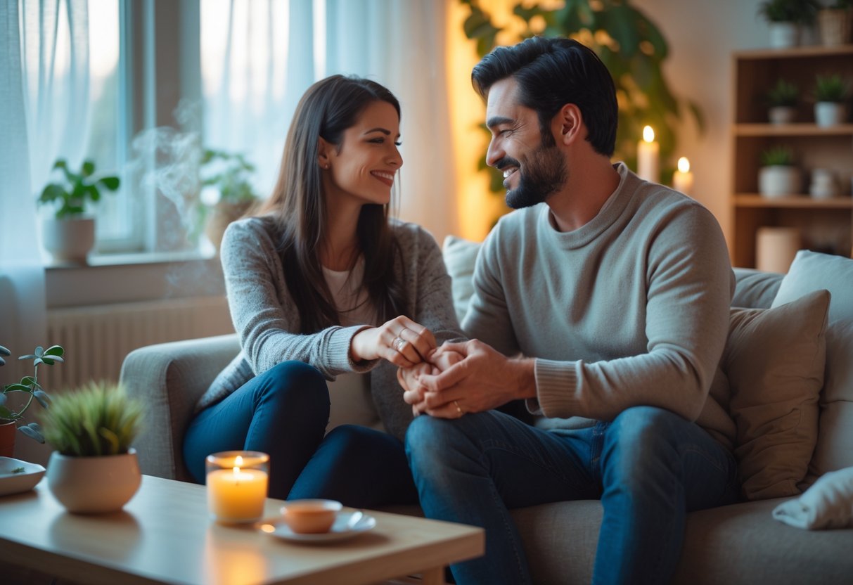Ein Paar sitzt nah beieinander auf einem Sofa in einem gemütlichen Wohnzimmer und hält sich liebevoll an den Händen.