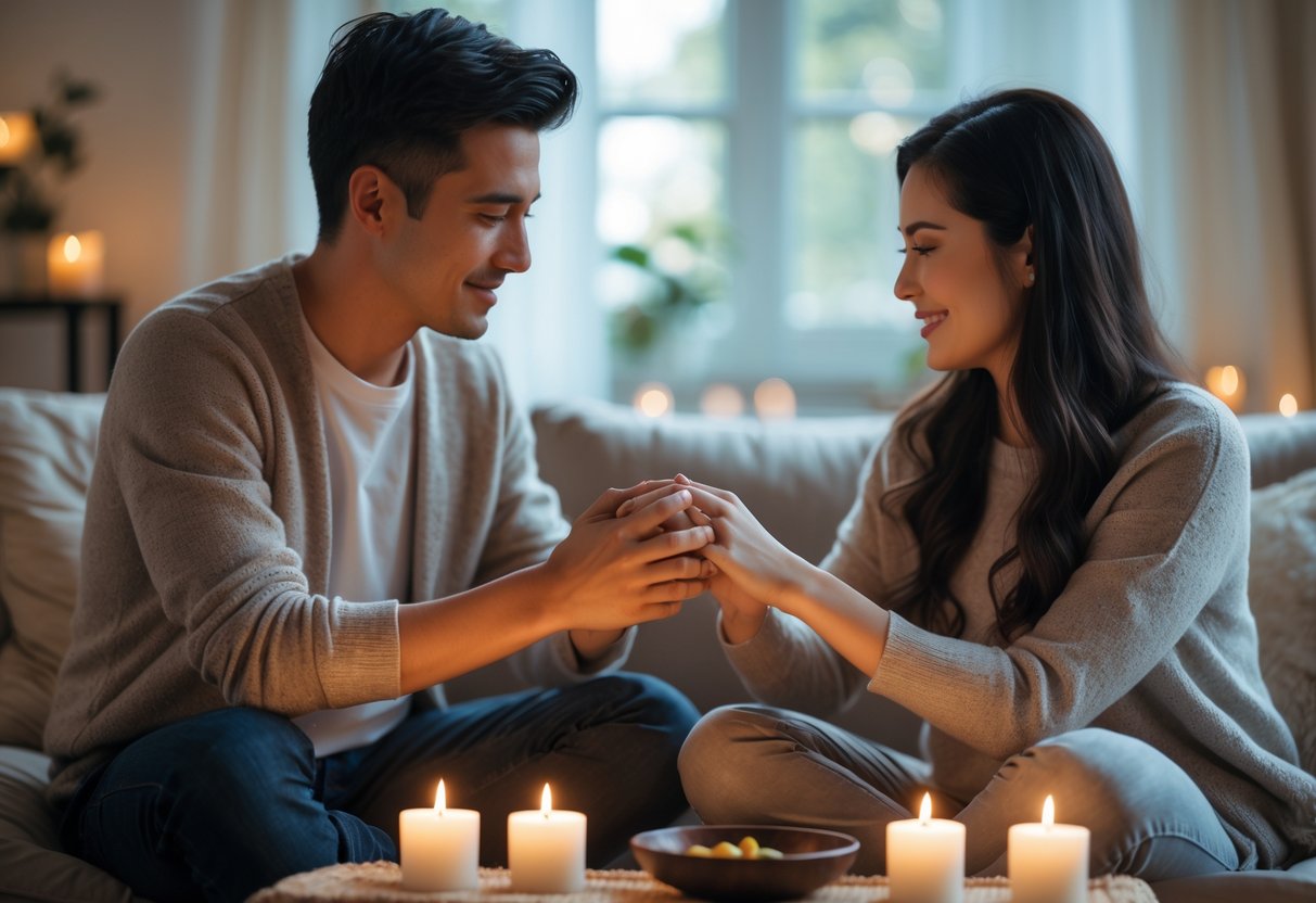 Ein Paar sitzt eng beieinander in einem gemütlichen Raum und hält sich an den Händen, um Nähe und Verbundenheit zu zeigen.