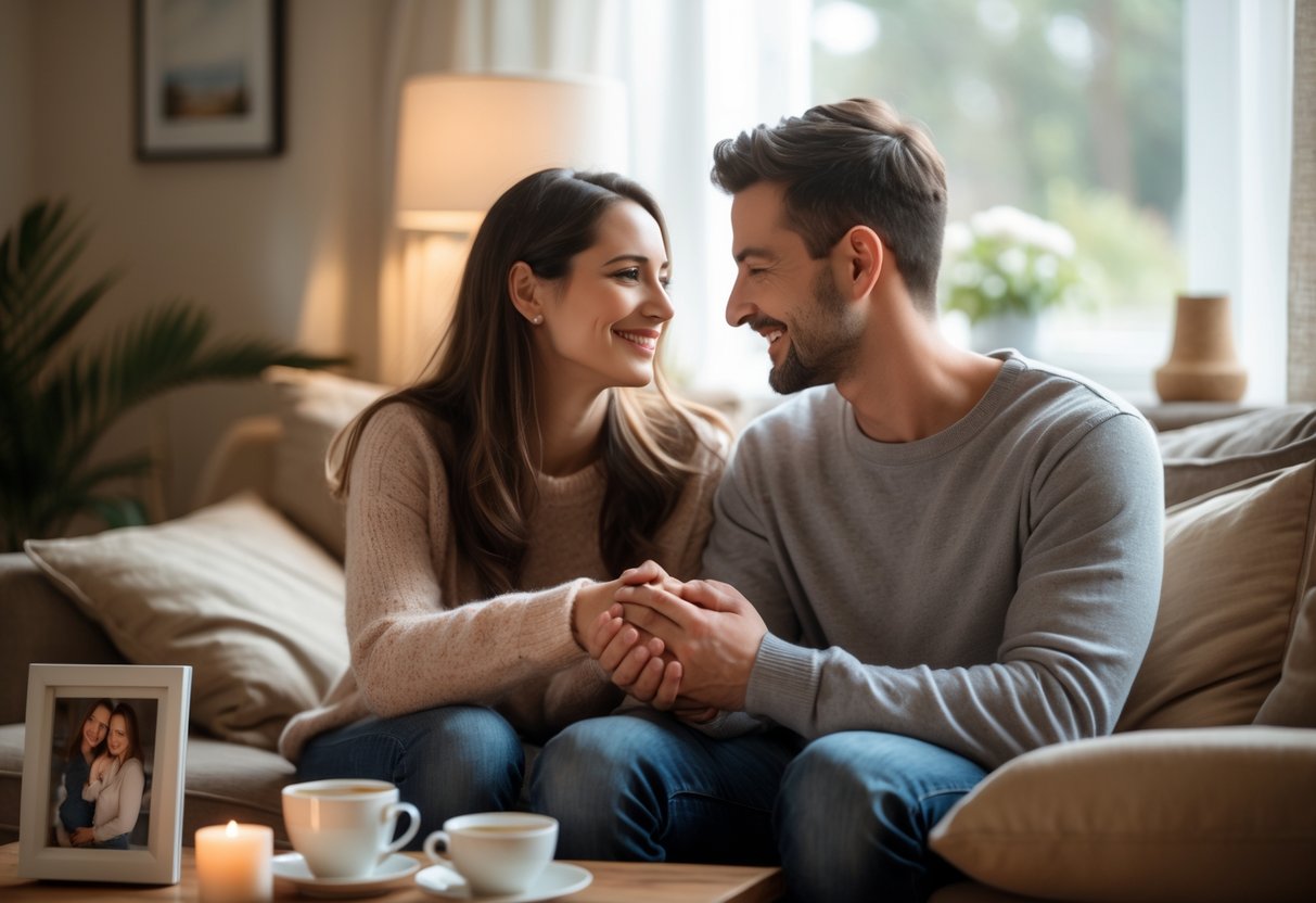 Ein Paar sitzt nah beieinander auf einem Sofa und hält sich die Hände in einem gemütlichen Wohnzimmer.