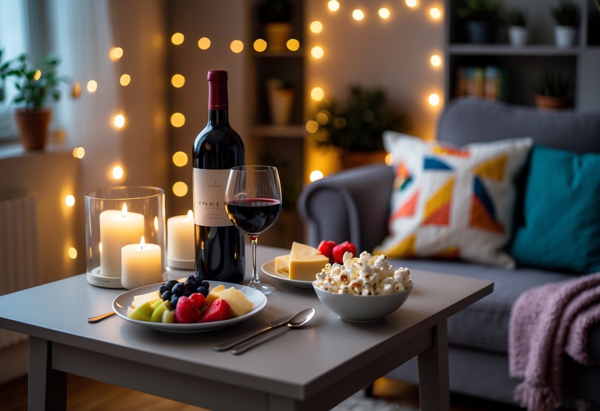 Gemütliche Wohnzimmerecke mit einem kleinen Tisch für zwei, Kerzenlicht, Wein und Snacks, bereit für einen entspannten Abend zu Hause.