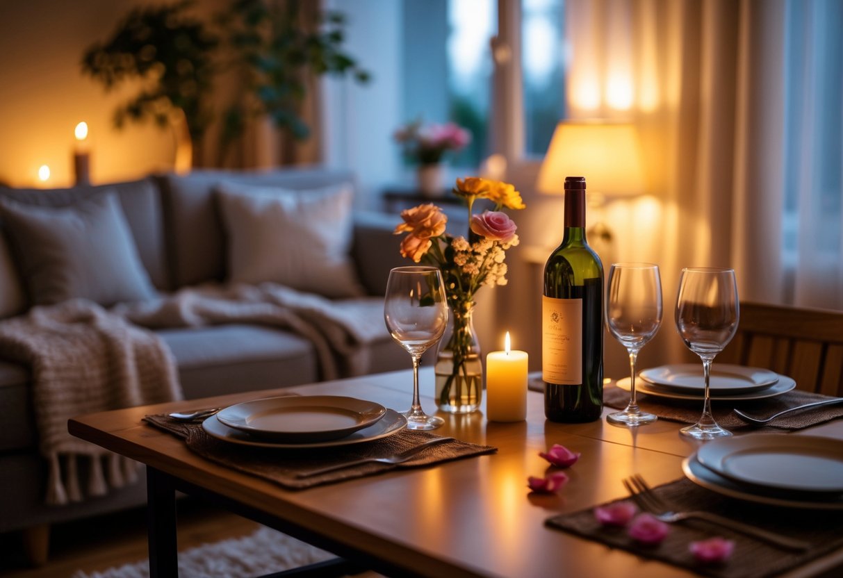 Ein gemütliches Wohnzimmer mit einem kleinen Tisch für zwei, Kerzenlicht, Weinflasche und Gläser, sowie einem Sofa mit Kissen und Decke im Hintergrund.