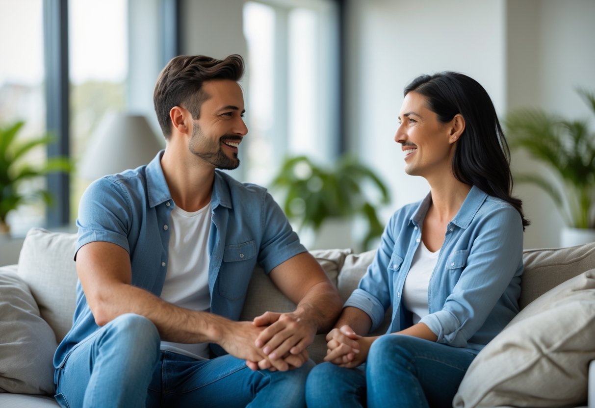 Ein Paar sitzt sich in einem Wohnzimmer gegenüber und unterhält sich freundlich miteinander.