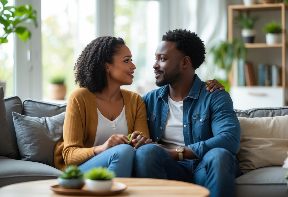 Ein Paar sitzt auf einem Sofa und führt ein einfühlsames Gespräch in einem gemütlichen Wohnzimmer.