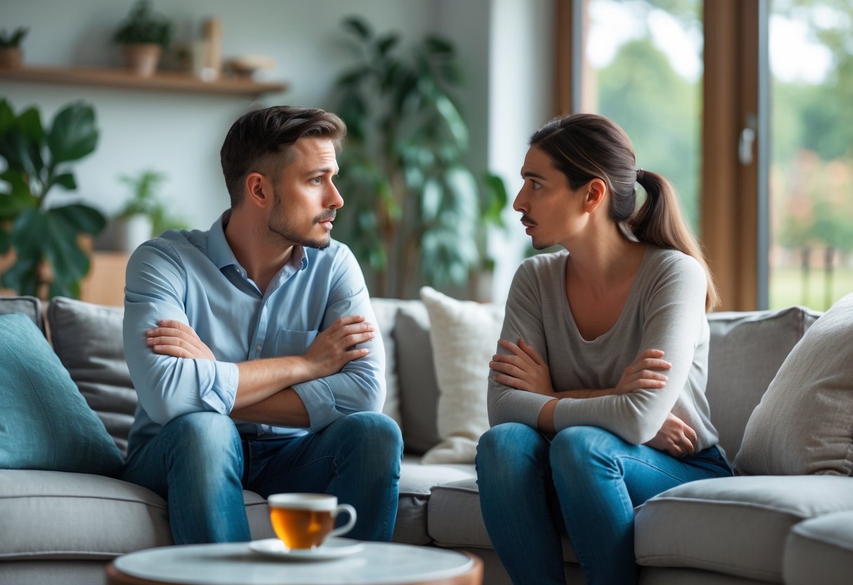 Ein Paar sitzt im Wohnzimmer und führt ein ernstes Gespräch mit besorgten Gesichtsausdrücken.