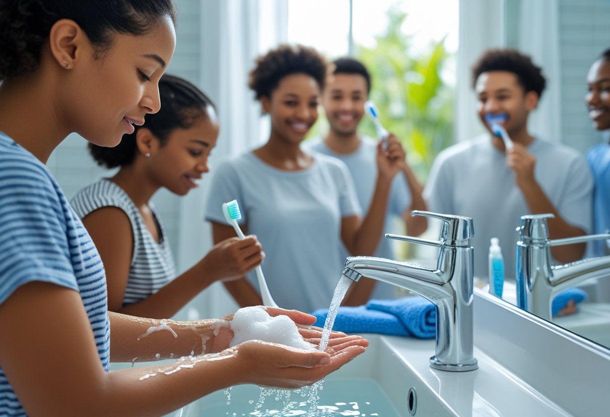 Personas practicando higiene personal en un baño limpio, lavándose las manos y cepillándose los dientes.