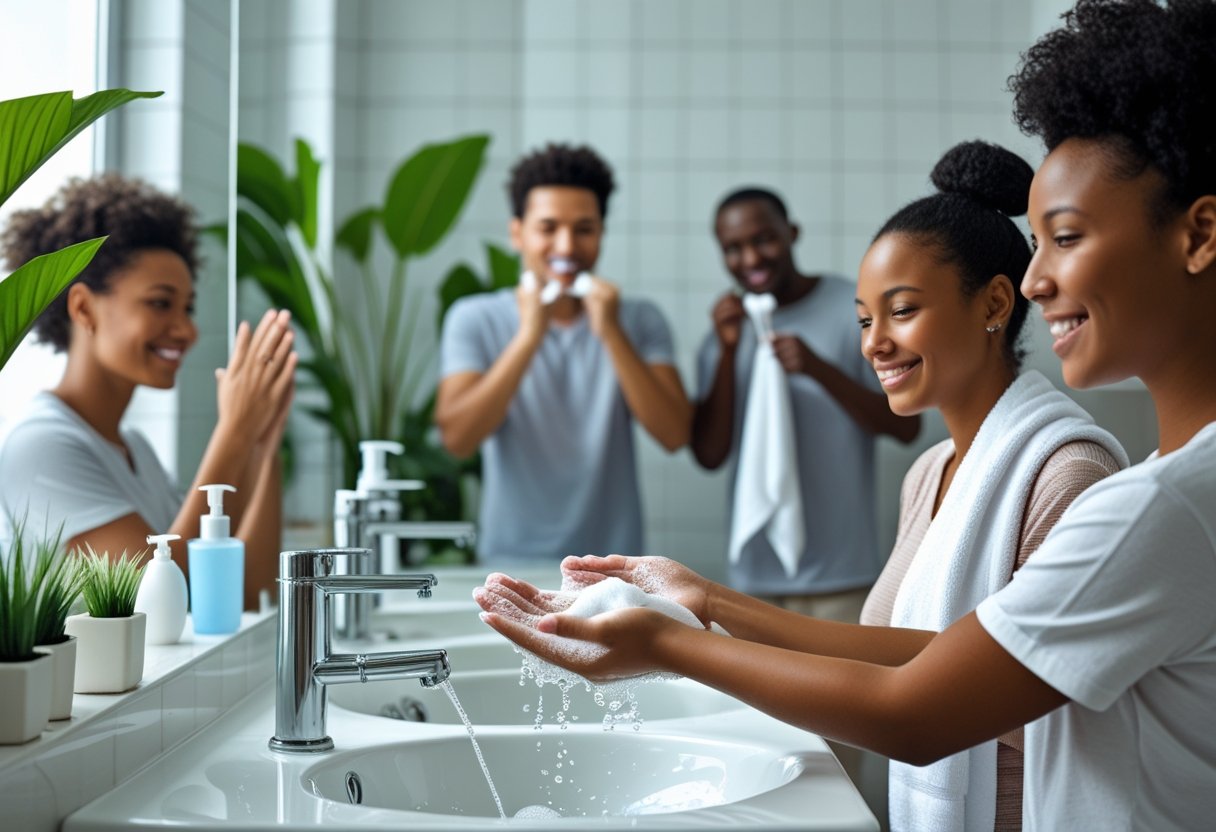Personas realizando actividades de higiene personal como lavarse las manos y cepillarse los dientes en un baño limpio y bien iluminado.