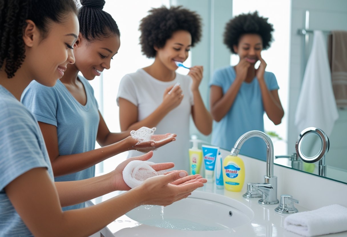 Personas realizando hábitos de higiene personal como lavarse las manos, cepillarse los dientes y lavarse la cara en un baño limpio y ordenado.