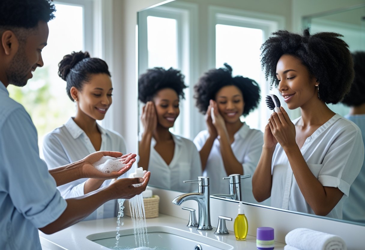 Varias personas cuidando su higiene personal en un baño limpio y bien iluminado, realizando actividades como lavarse las manos, aplicarse crema y peinarse.