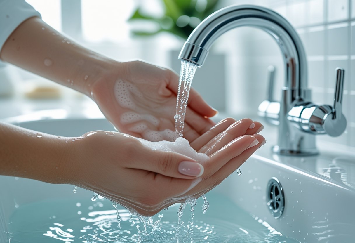 Manos limpias y bien cuidadas siendo lavadas bajo un grifo con agua clara en un baño limpio.
