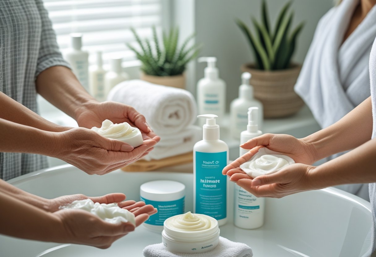 Personas usando productos de higiene íntima en un baño limpio y ordenado.