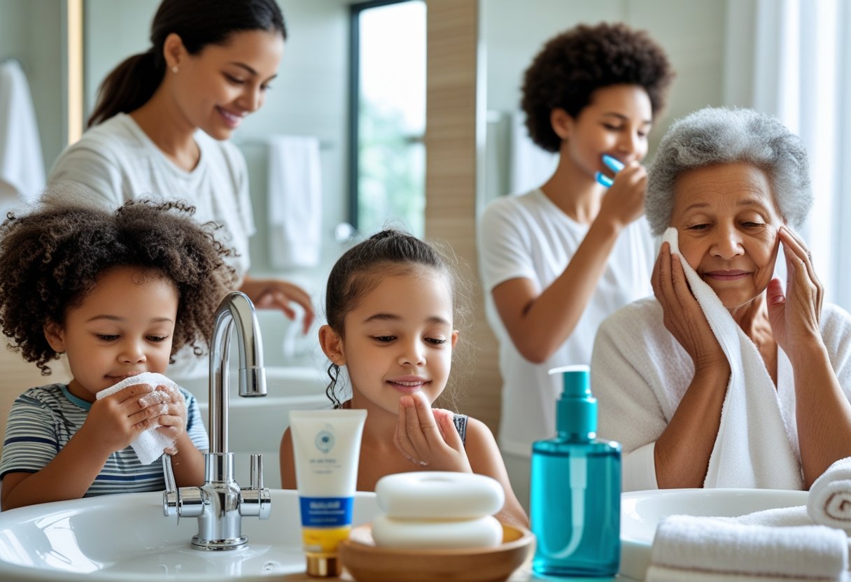 Varias personas de diferentes edades realizando actividades de higiene personal en ambientes domésticos.