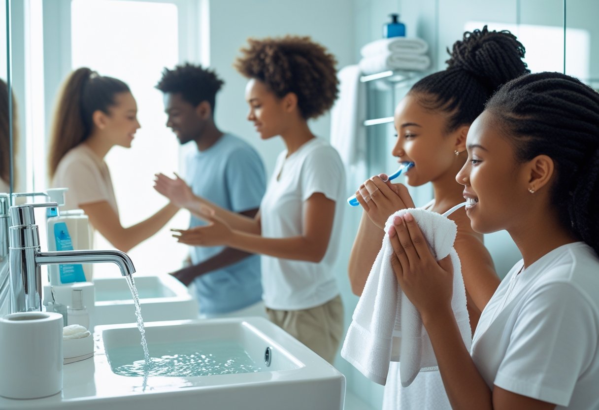 Personas realizando actividades de higiene personal en un baño limpio y ordenado.