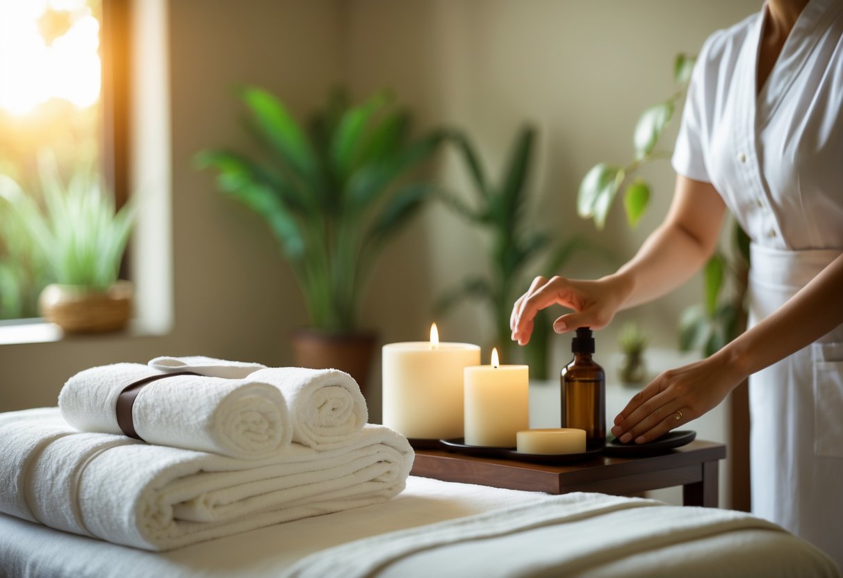 Ein Massageraum mit einem Therapeuten, der Handtücher und Massageöl vorbereitet, neben einer Massageliege in einem ruhigen, einladenden Umfeld.