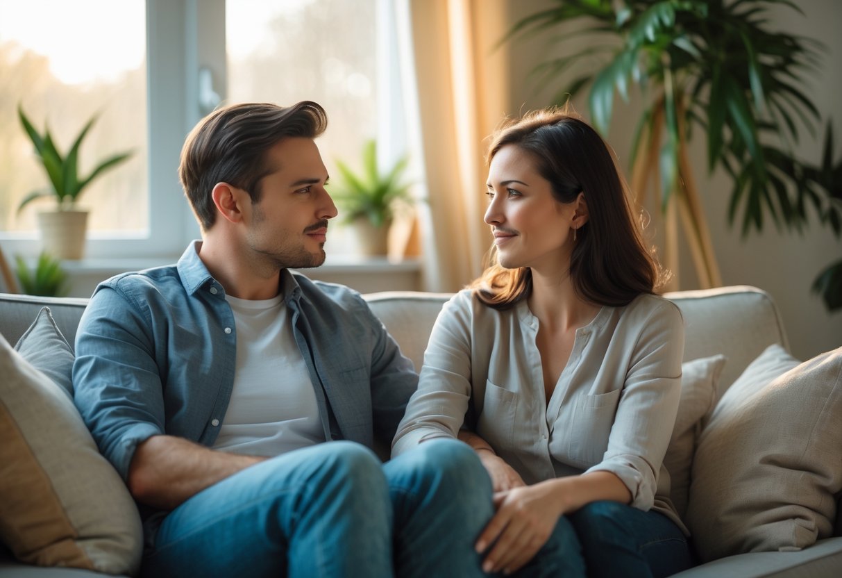 Ein Paar sitzt auf einem Sofa und führt ein ernsthaftes, einfühlsames Gespräch in einem gemütlichen Wohnzimmer.