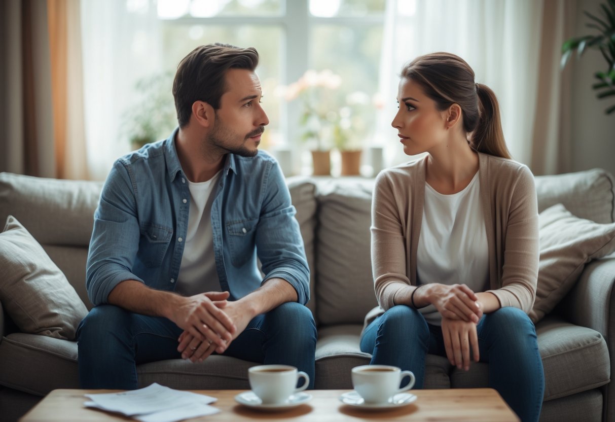 Ein Paar sitzt in einem Wohnzimmer und führt ein ernstes Gespräch, wirkt nachdenklich und besorgt.