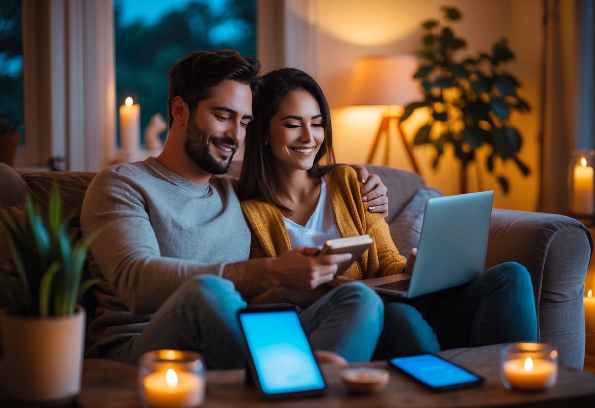 Ein Paar sitzt abends gemeinsam entspannt auf einem Sofa und liest oder spielt ein Spiel, ohne elektronische Geräte.