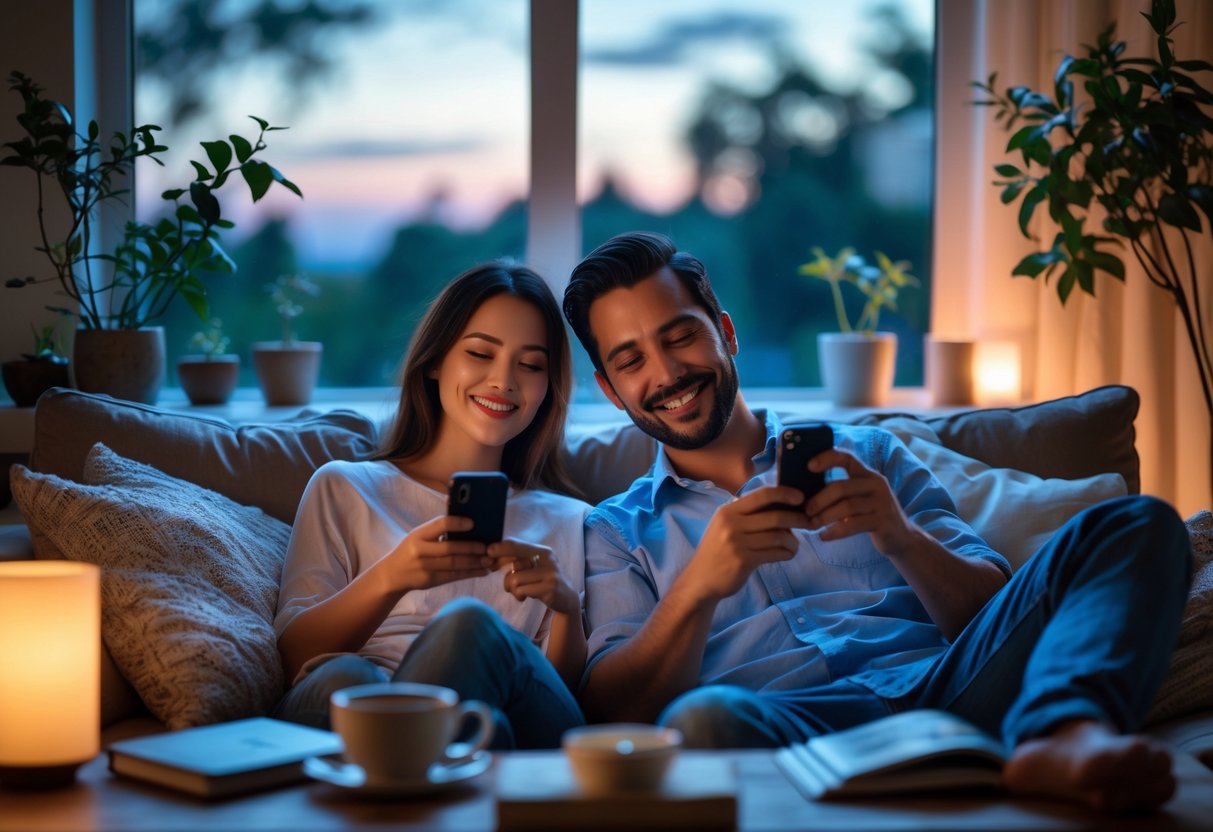 Ein Paar sitzt abends entspannt in einem gemütlichen Wohnzimmer und legt ihre Smartphones weg, um gemeinsam digital abzuschalten.