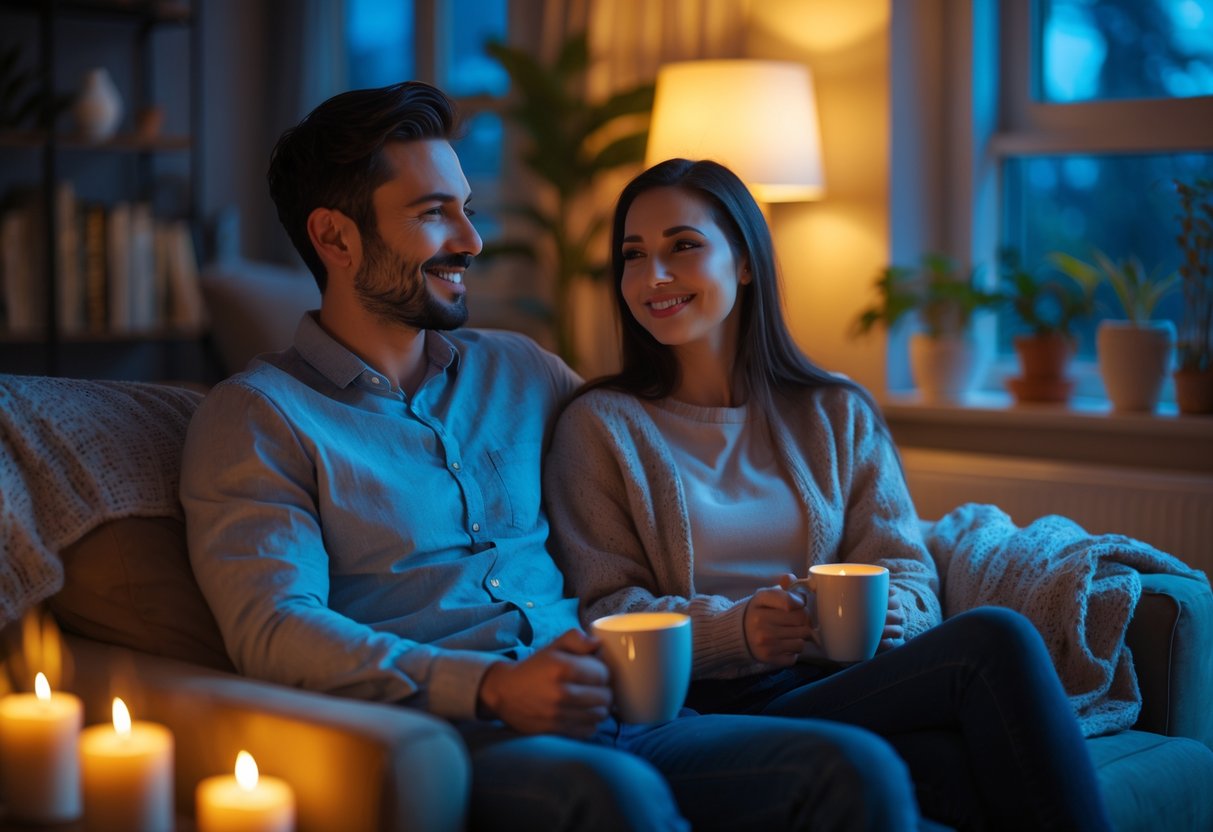 Ein Paar sitzt entspannt auf einem Sofa in einem warm beleuchteten Wohnzimmer und genießt gemeinsam den Abend ohne elektronische Geräte.