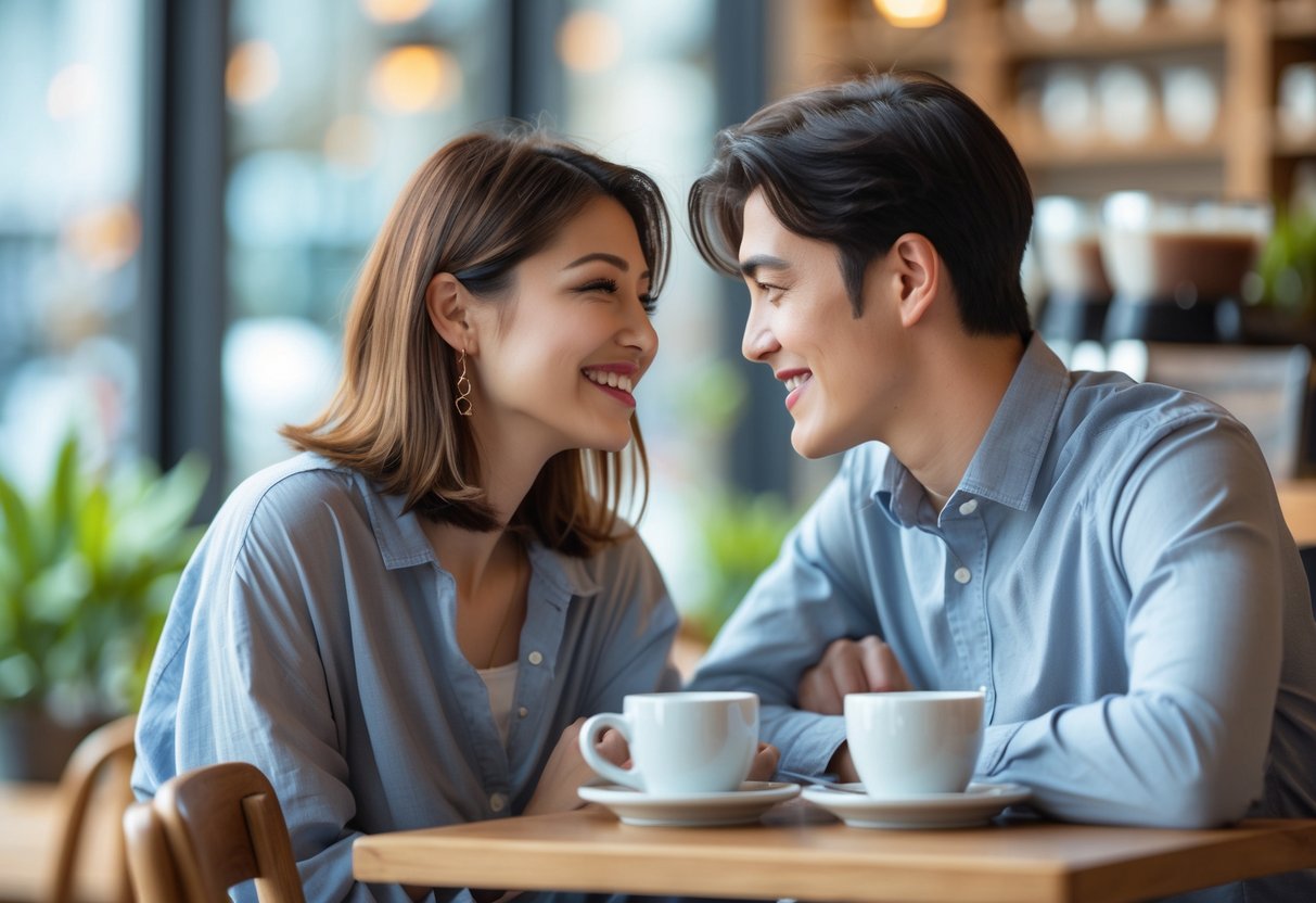 Ein Mann und eine Frau sitzen in einem Café und lächeln sich flirtend an.