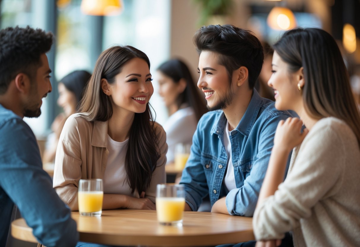 Zwei junge Erwachsene sitzen in einem Café und lächeln sich freundlich an, während sie sich unterhalten.