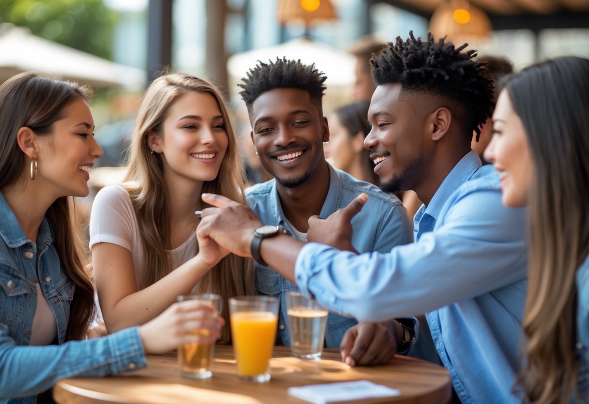 Mehrere junge Erwachsene in einem Café, die sich freundlich und interessiert anschauen und miteinander flirten.