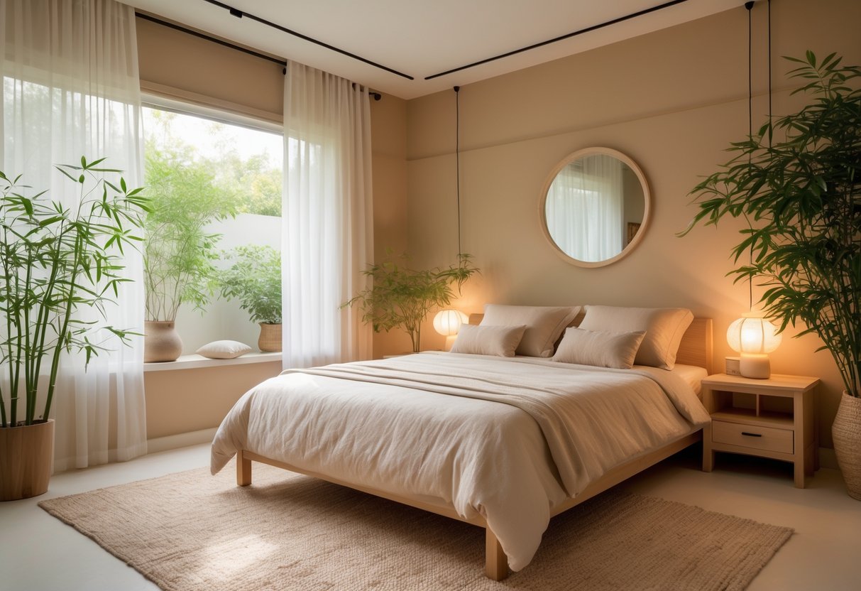 Ein ruhiges Schlafzimmer mit einem ordentlich gemachten Bett, Pflanzen, natürlichem Licht und minimalistischer Einrichtung, die Harmonie und Entspannung ausstrahlt.