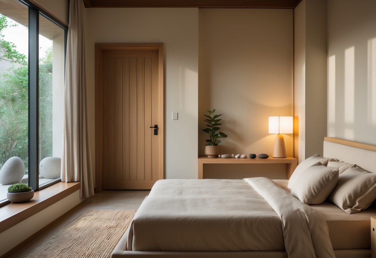 Ein ruhiges Schlafzimmer mit einem ordentlich gemachten Bett, natürlichem Licht, einer Pflanze auf dem Nachttisch und einer harmonischen, ausgewogenen Einrichtung.