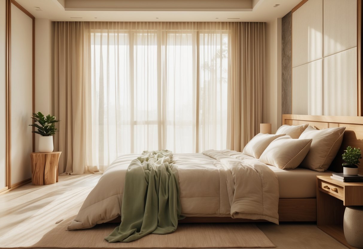 Ein ruhiges Schlafzimmer mit einem ordentlich gemachten Bett, natürlichem Licht und Pflanzen, das eine entspannte Atmosphäre schafft.