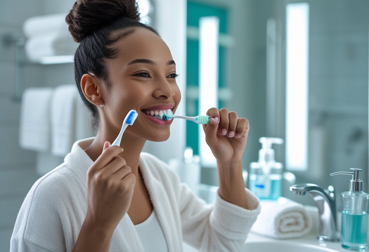 Persona cepillándose los dientes frente a un lavabo de baño con espejo y elementos de higiene bucal.