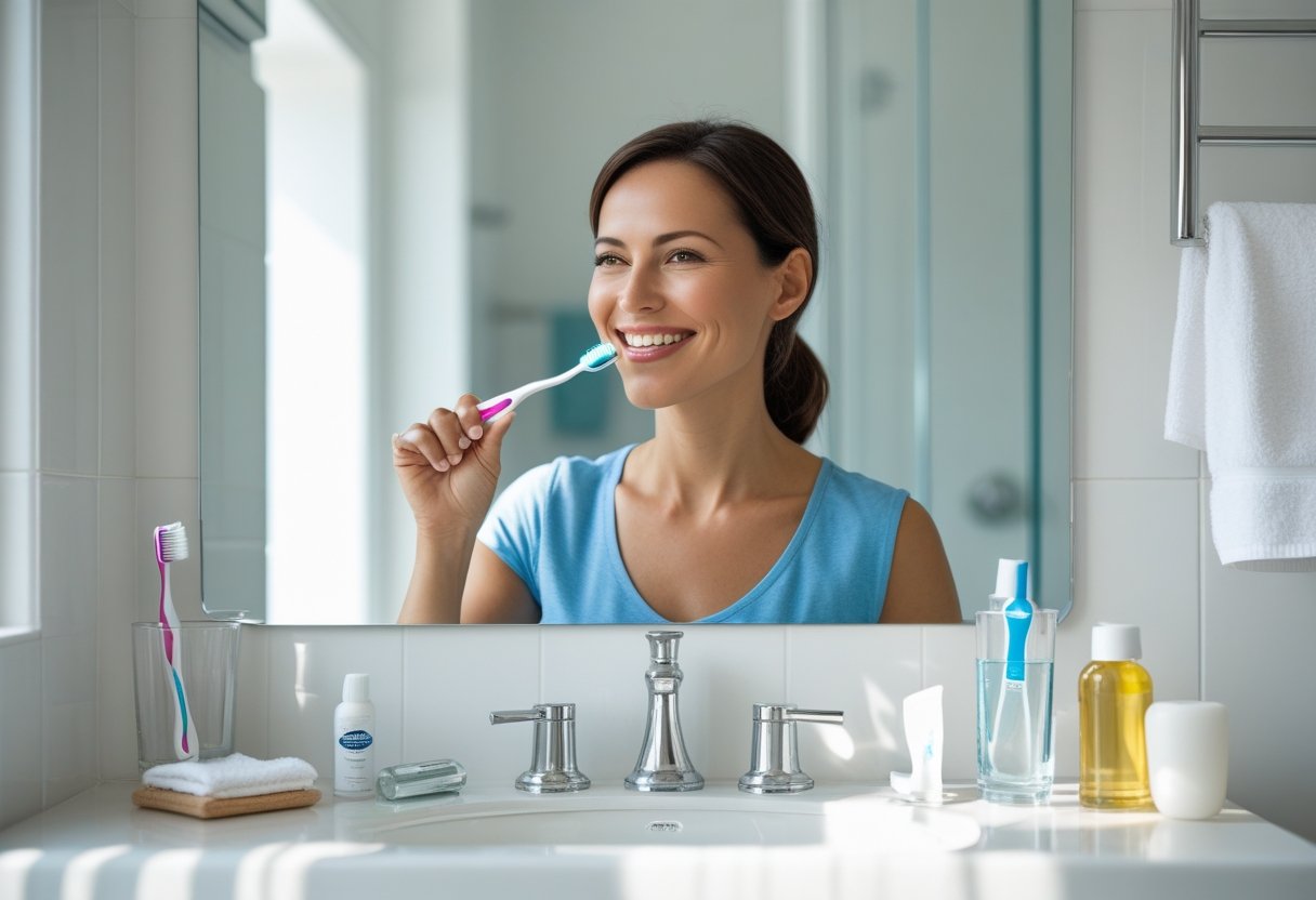Mujer cepillándose los dientes frente a un espejo en un baño limpio con artículos de higiene bucal sobre el lavabo.