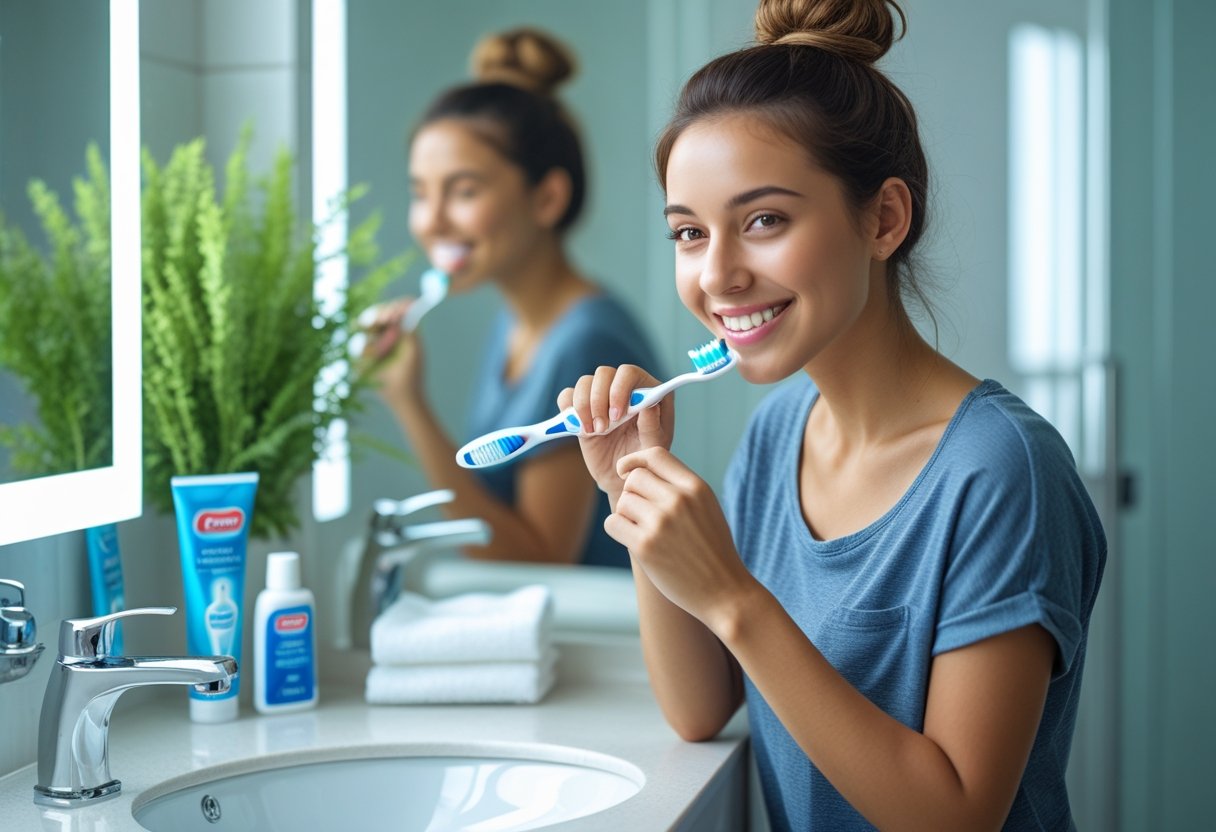 Persona cepillándose los dientes en un baño limpio con productos de higiene bucal sobre el lavabo.
