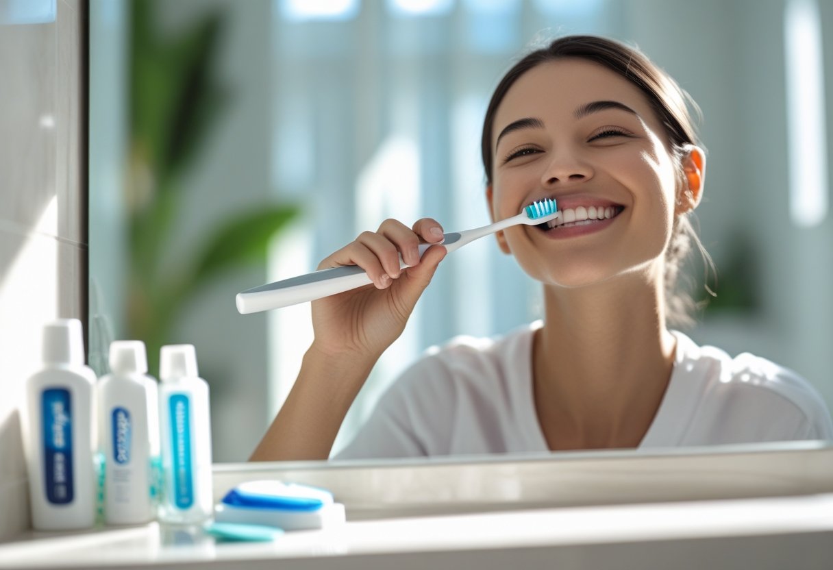 Persona cepillándose los dientes frente a un lavabo con productos de higiene bucal.