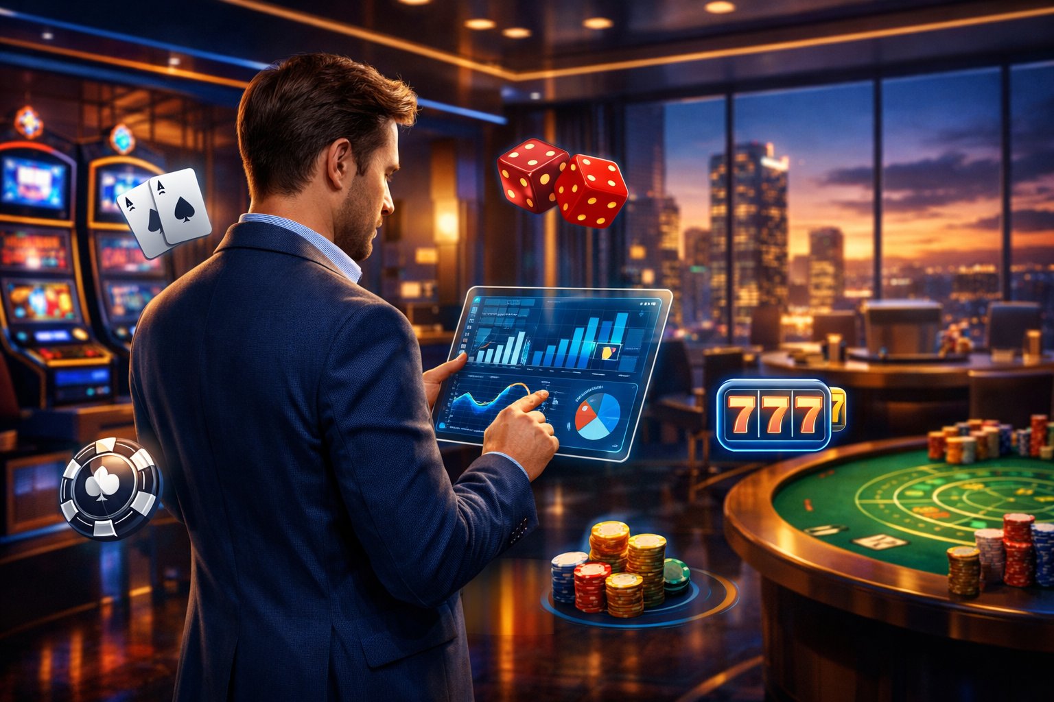 A Person Reviewing Casino Game Data On A Digital Tablet In A Modern Casino Setting With Slot Machines And Gaming Tables Around.