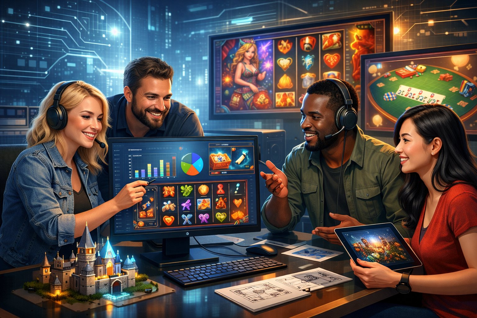 A Team Of Game Developers Working Together In A Modern Office With Digital Screens Showing Casino Game Interfaces.