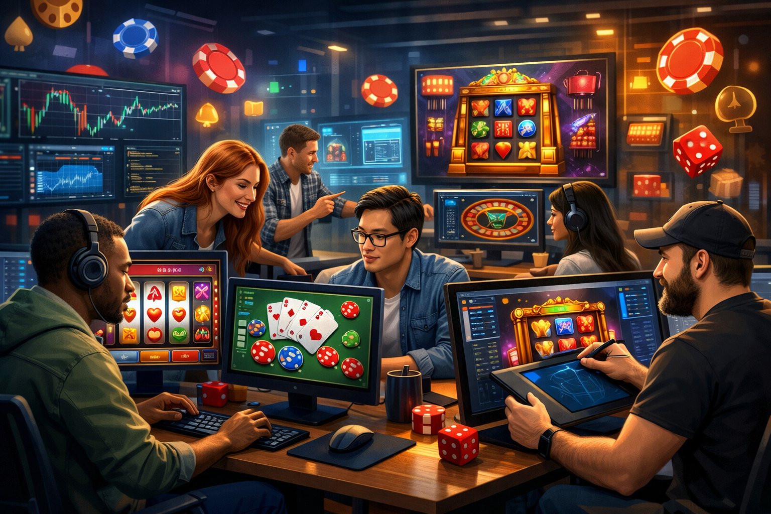 A Team Of Developers Working Together In A Gaming Studio With Computers Showing Casino Game Graphics And Gaming Elements Around Them.