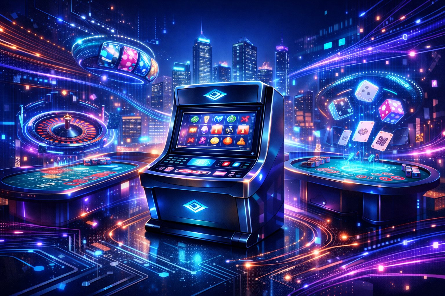 A Futuristic Casino Scene With Advanced Gaming Consoles, Holographic Displays, And Digital Elements Representing Technology And Innovation In Gaming.