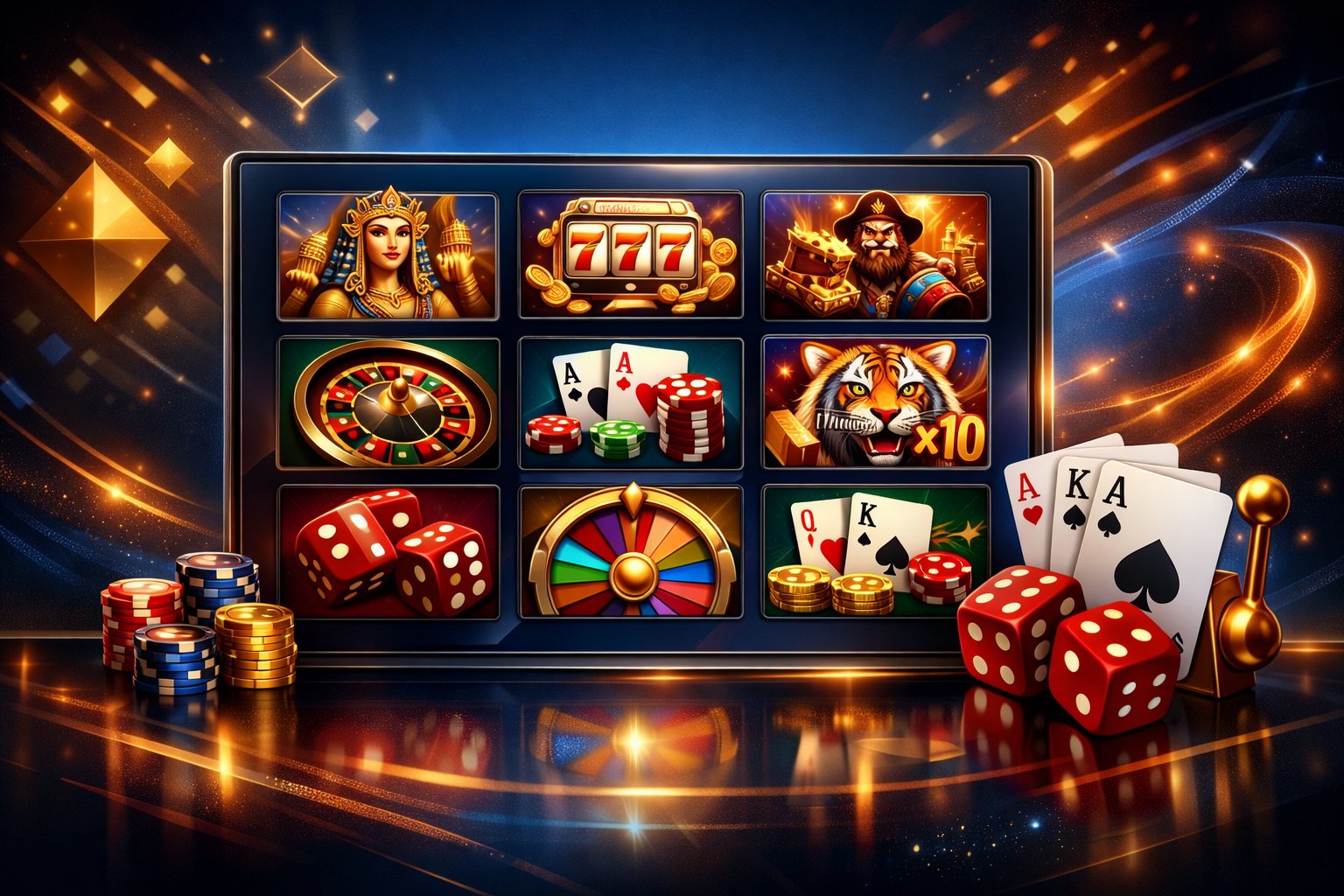 A Digital Interface Showing Various Casino Game Icons Including Slot Machines, Poker Cards, Roulette Wheels, And Dice Arranged Neatly With Glowing Abstract Shapes In The Background.