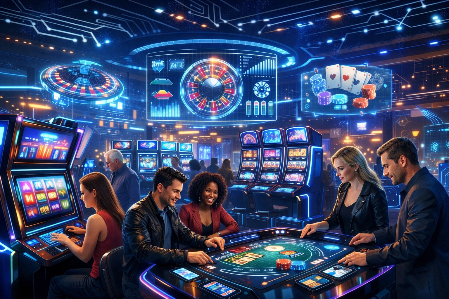 A Futuristic Casino Floor With People Engaging With Advanced Digital Slot Machines And Gaming Tables Surrounded By Holographic Displays And TechnologyThemed Decorations.
