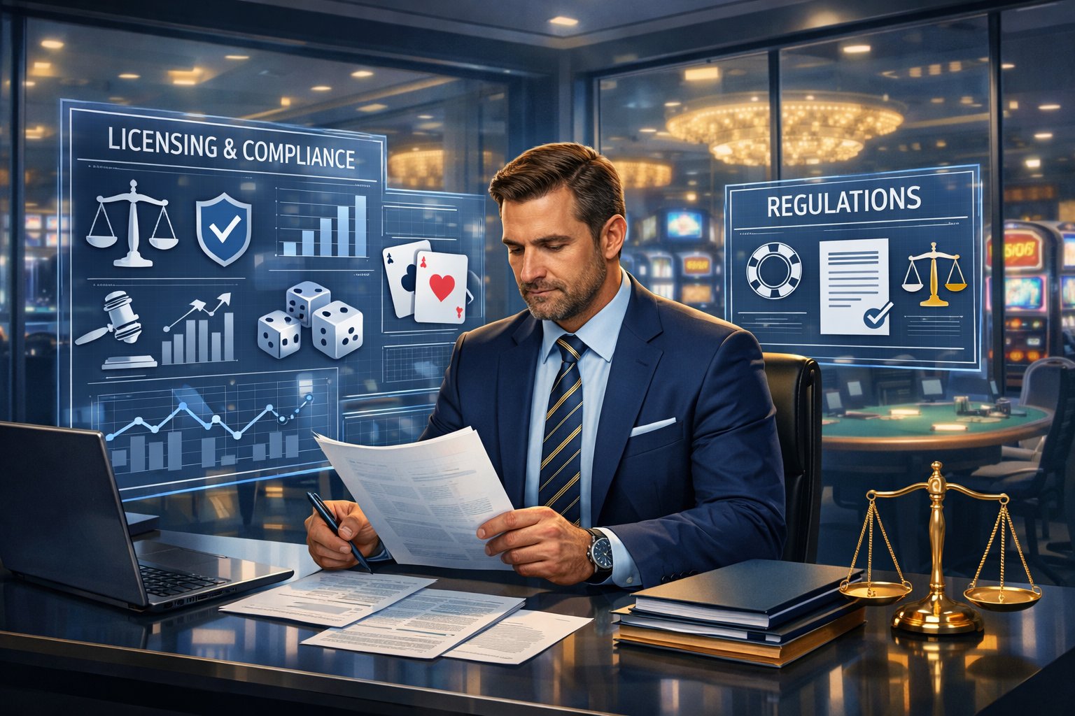 A Business Professional Reviewing Documents And Digital Data In A Modern Office With A Casino Visible Through Glass Windows In The Background.