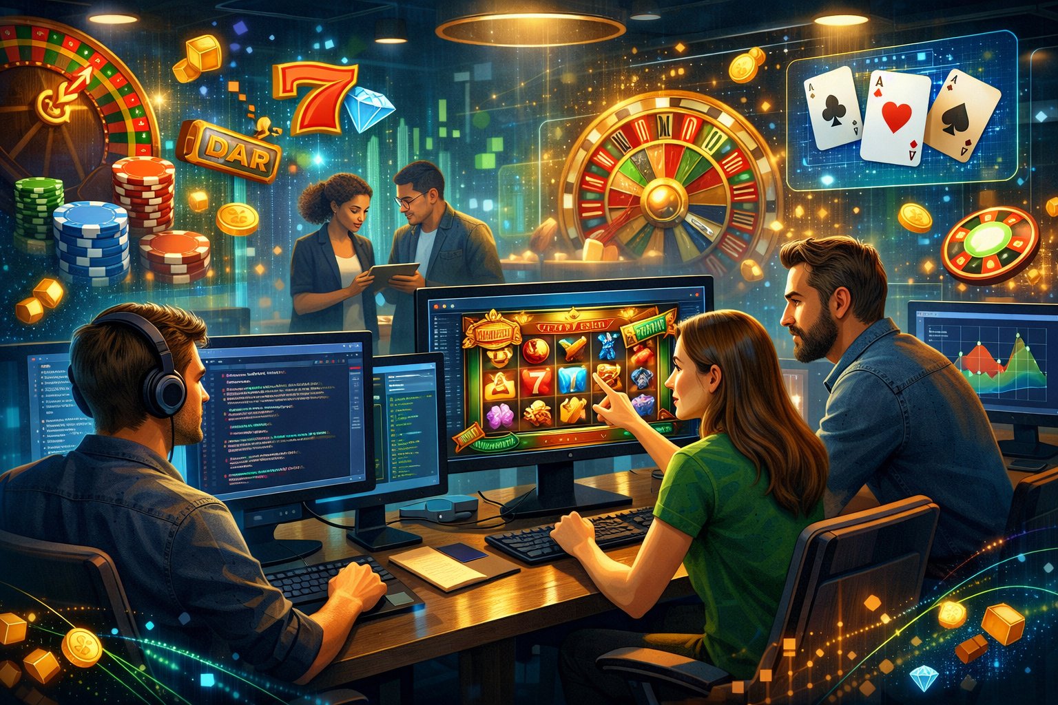 A Modern Office Workspace Showing Developers Collaborating On Casino Game Designs With Monitors Displaying Game Graphics And Coding, Surrounded By CasinoThemed Elements Like Playing Cards And Chips.