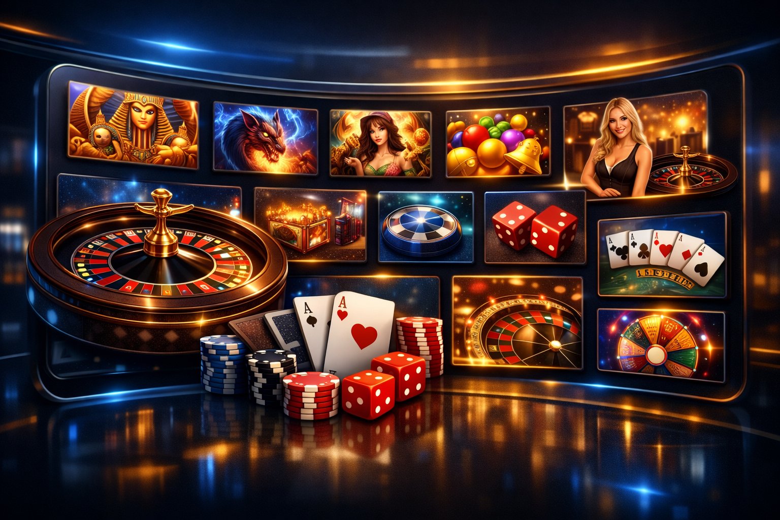 A Digital Interface Displaying A Variety Of Casino Games Including Slots, Cards, Roulette, And Dice In An Organized Layout With A Dark Background And Glowing Accents.