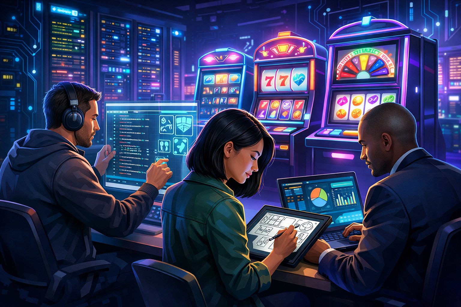 A Group Of Professionals Working With Futuristic Casino Gaming Technology And Digital Interfaces In A Modern, HighTech Environment.