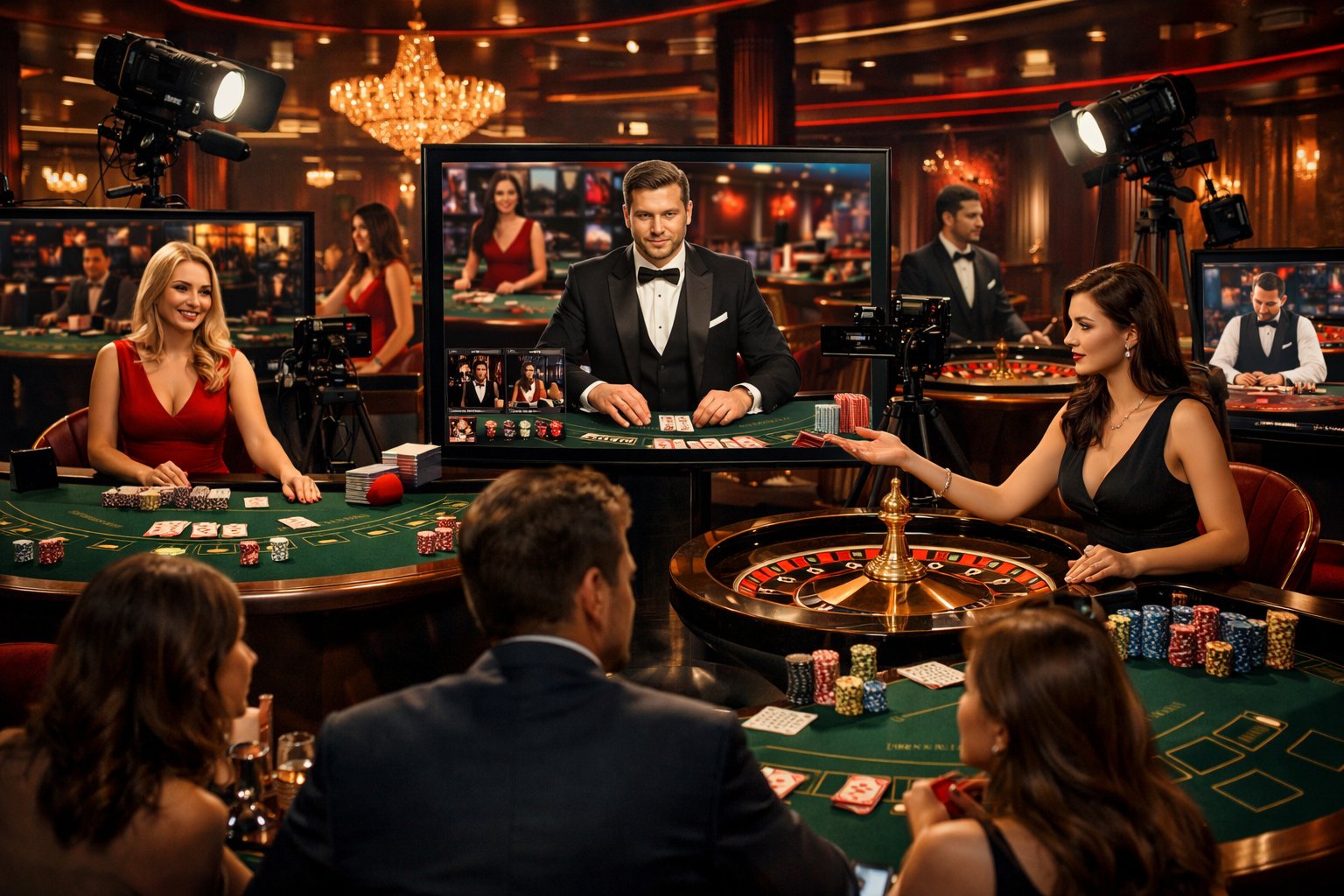 A Modern Casino Interior With Live Dealers At Gaming Tables Interacting With Players Through Digital Screens, Surrounded By Gaming Chips, Cards, And Roulette Wheels.